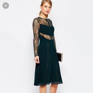 ASOS Lace and Pleated Slater Dress Deep Green US 6